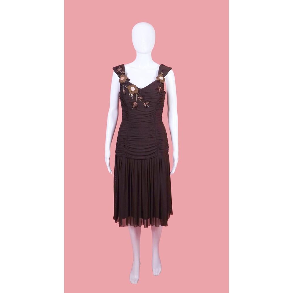 Y2K SUE WONG RUCHED Floral Appliqué, Sequined & Beaded Nylon Drop Waist Dress. S